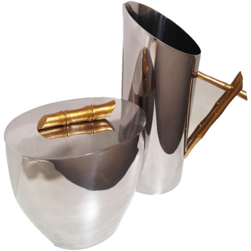 Pitcher And Ice Bucket Set With Gold Brushed Bamboo Handle