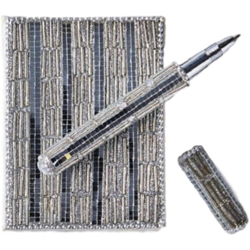 Beaded, Sequin Notepad and Pen Set, Silver
